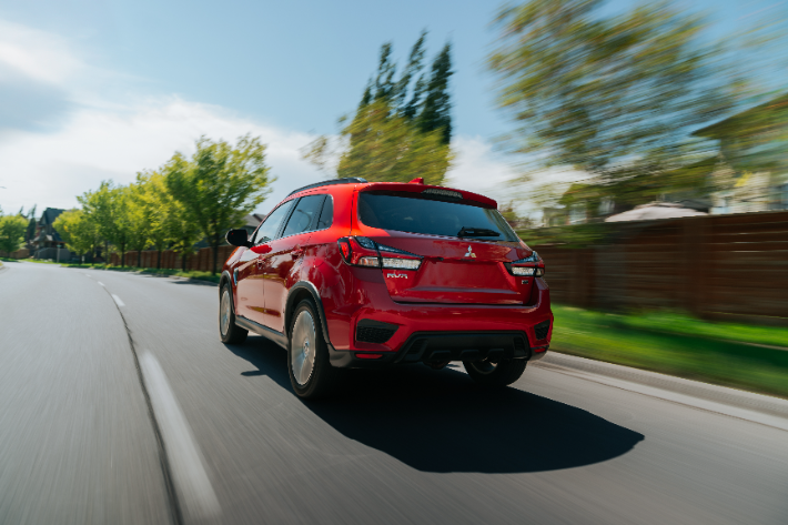 The rear of a red RVR